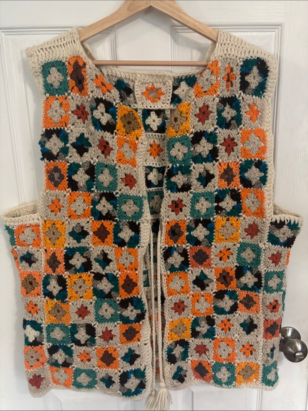 Handmade Crochet Patchwork Vest - Cream with Orange, Teal, Mustard & Brown